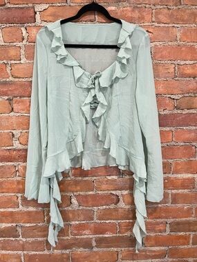 Ruffled Tie-Front Sheer Women’s Top in Green | Size M or L | Flowy & Flirty